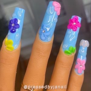Water drop + 3D flower press on nails